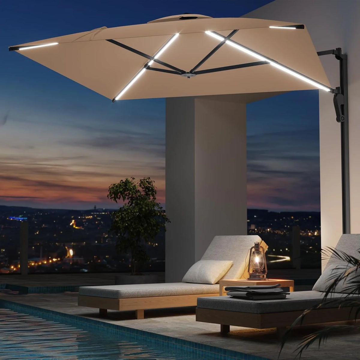 AECOJOY 10FT Large Patio Umbrella with Solar Lights, Rectangle Wall Mounted Outdoor Patio Umbrella, Beige - Product image 8