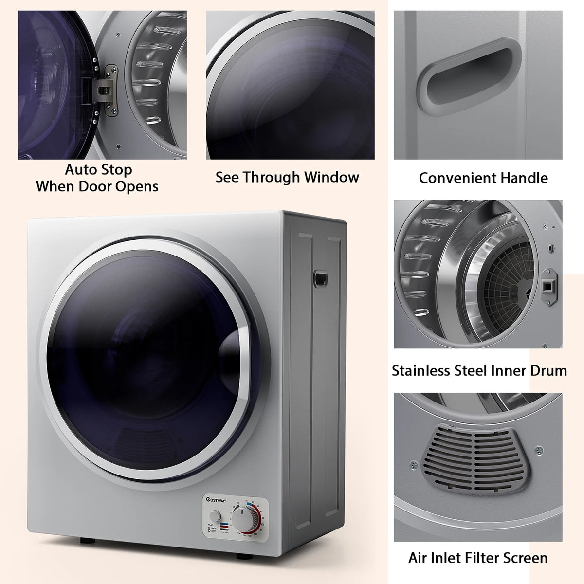 Costway Electric Tumble Compact Laundry Dryer Stainless Steel Wall Mounted 1.5 Cu .ft - Product image 20