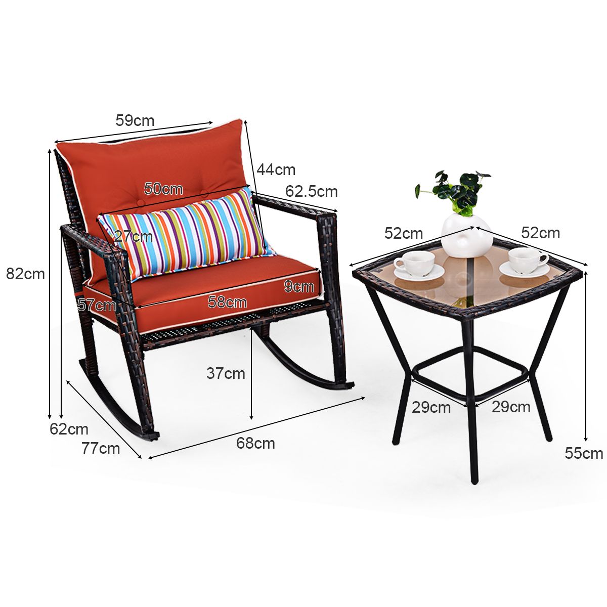 Garden Set with 2 Rocking Chairs and 1 Tempered Glass Coffee Table All Cushions Included in PE Rattan -