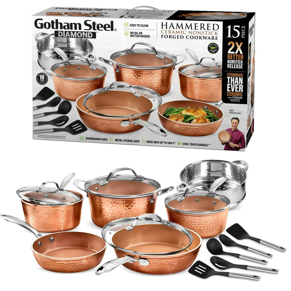 Gotham Steel Hammered Pots and Pans Set Nonstick Ceramic Cookware Set 15pc - Product image 1