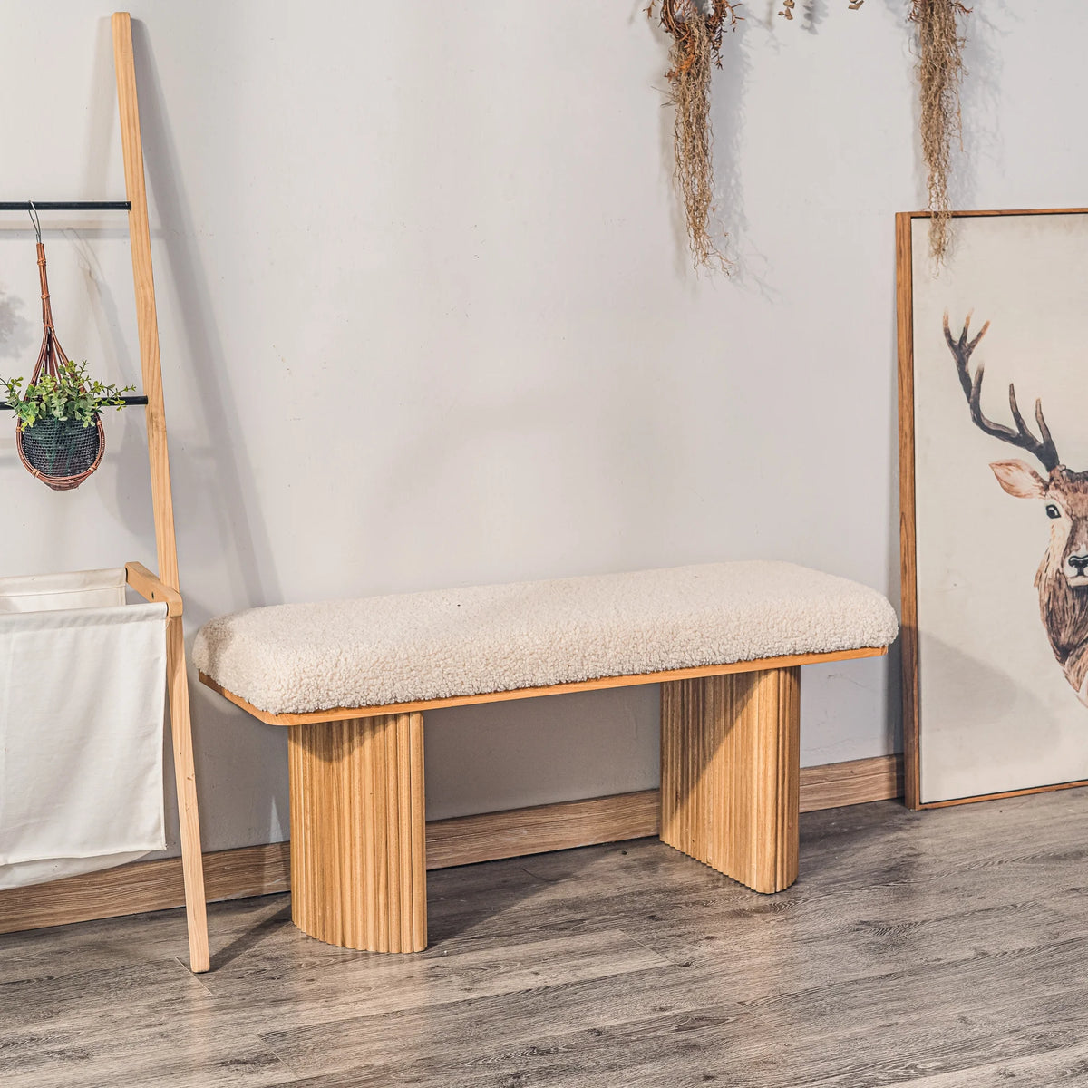 Solid Wood and Beige Velvet Bench Exotic Boho Entryway - Product image 17