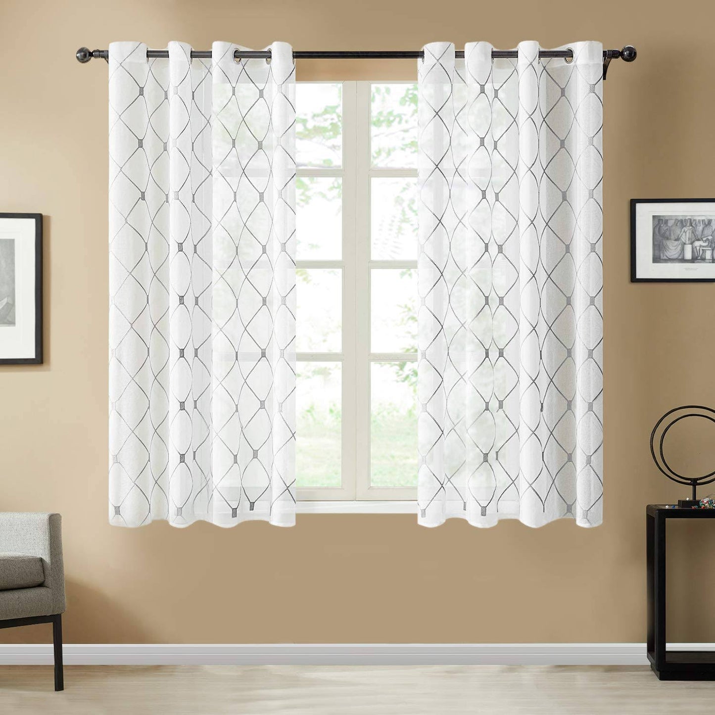 Top Finel Short Sheer Curtains 45 inch Length for Bathroom, Privacy White and Gray Embroidered Diamond - Product image 1