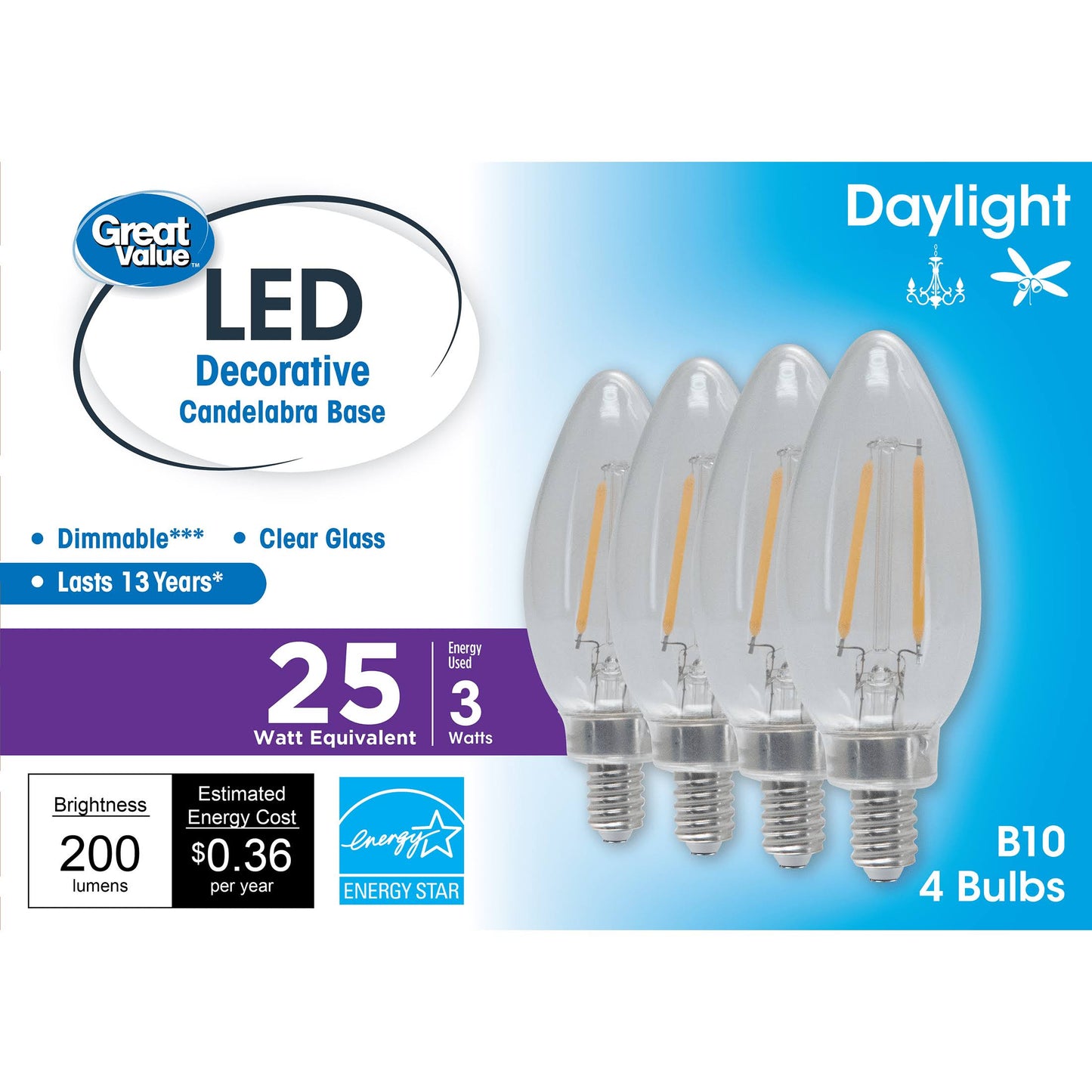 Great Value LED Light Bulb, 3W (25w Equivalent) B10 Deco Lamp E12 Candelabra Base, Dimmable, Daylight - Product image 1