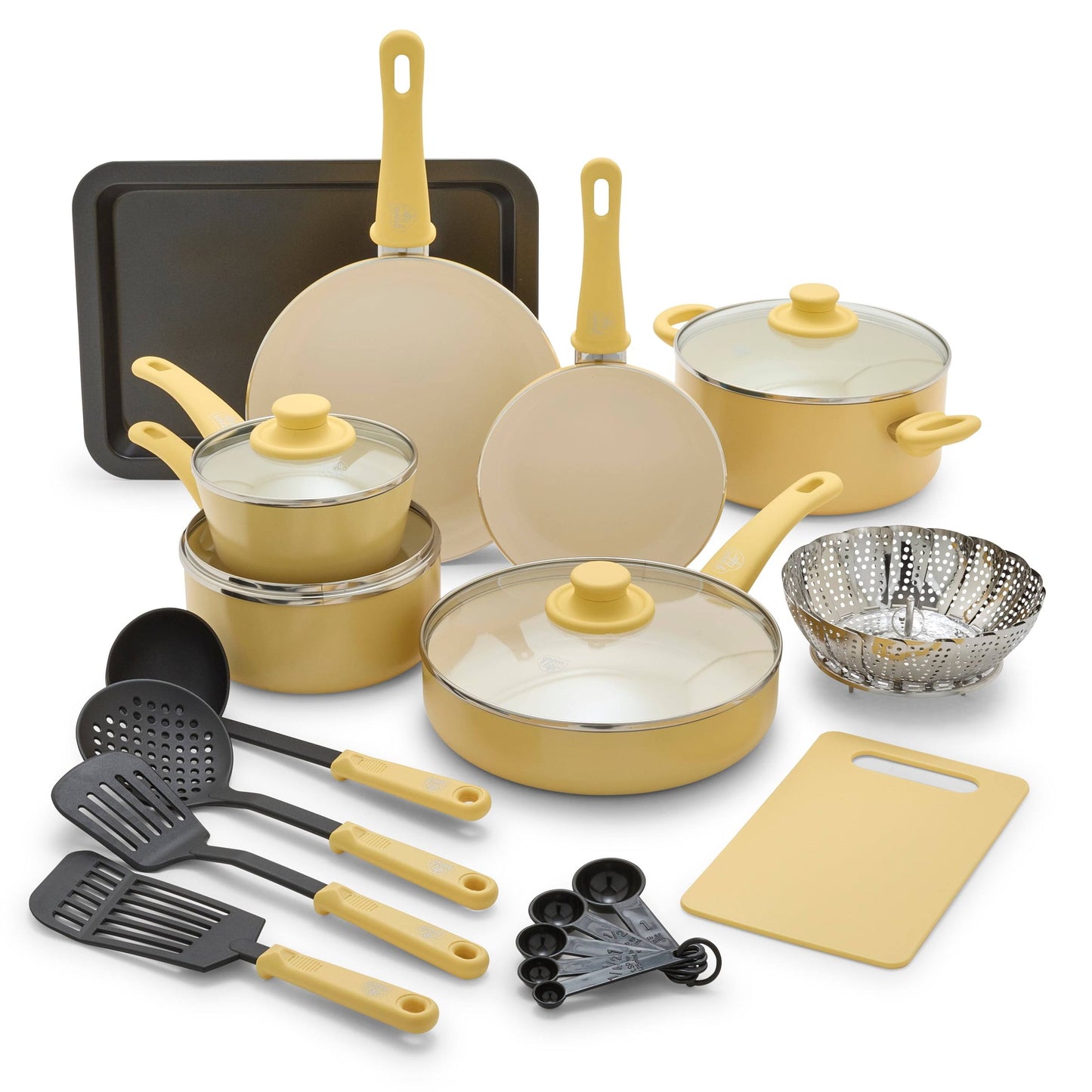 GreenLife 18-Piece Soft Grip Toxin-Free Healthy Ceramic Non-Stick Cookware Set, Yellow, Dishwasher Safe - Product image 1
