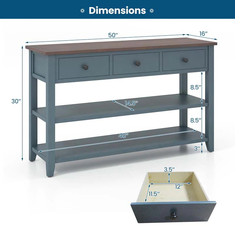 50" Farmhouse Entryway Table, Narrow Console Table with 3 Storage Drawers & 2 Open Shelves - Product image 9