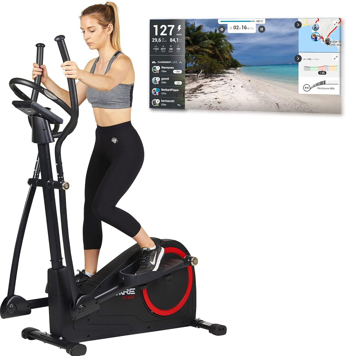 Care Fitness - Motorized Elliptical Trainer CE-685-24 Difficulty Levels - 24 Programs - LCD Screen Counter - USB Port - Tablet Holder - Kinomap Application Compatible