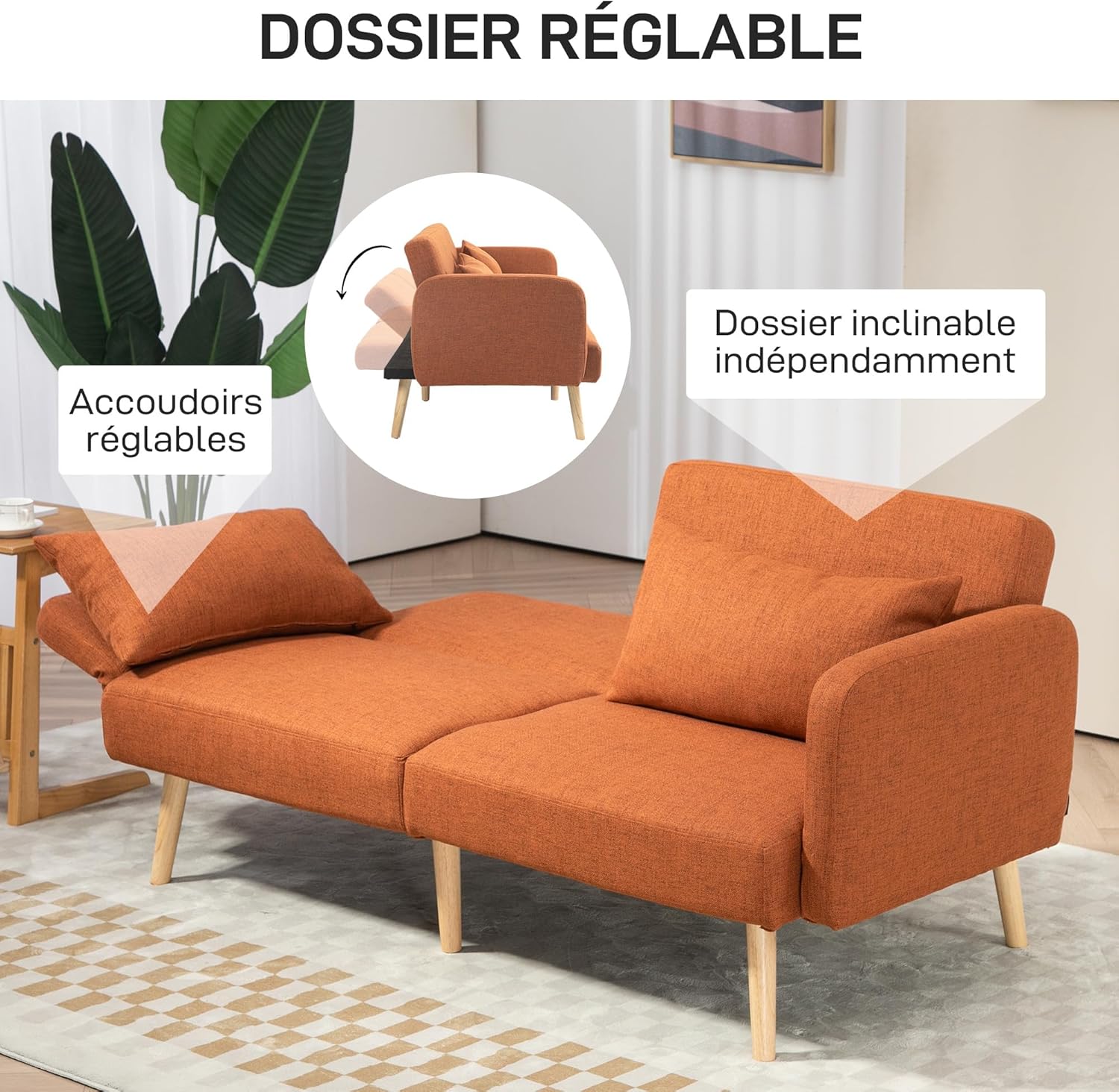 HOMCOM 3-seater convertible sofa, 2-seater sofa bed, reclining backrest and adjustable armrests, sofa bed in linen-effect fabric, solid wood legs, 2 washable cushions, Brown