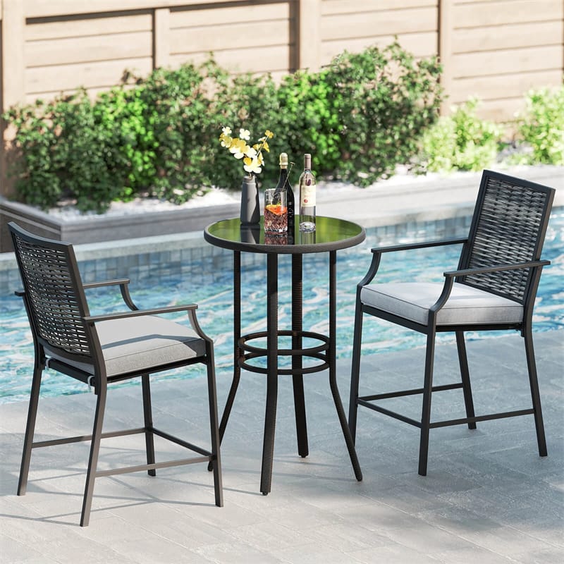 Outdoor Metal Bar Stools Set of 2 with Rattan Back, Armrest, Fabric Seat & Cushions - Product image 2