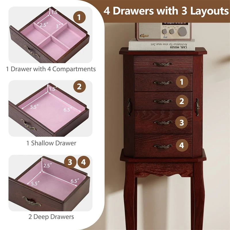 Standing Jewelry Armoire Cabinet with Flip Top Mirror, 4 Drawers, 2 Side Doors & Necklace Hooks - Product image 6