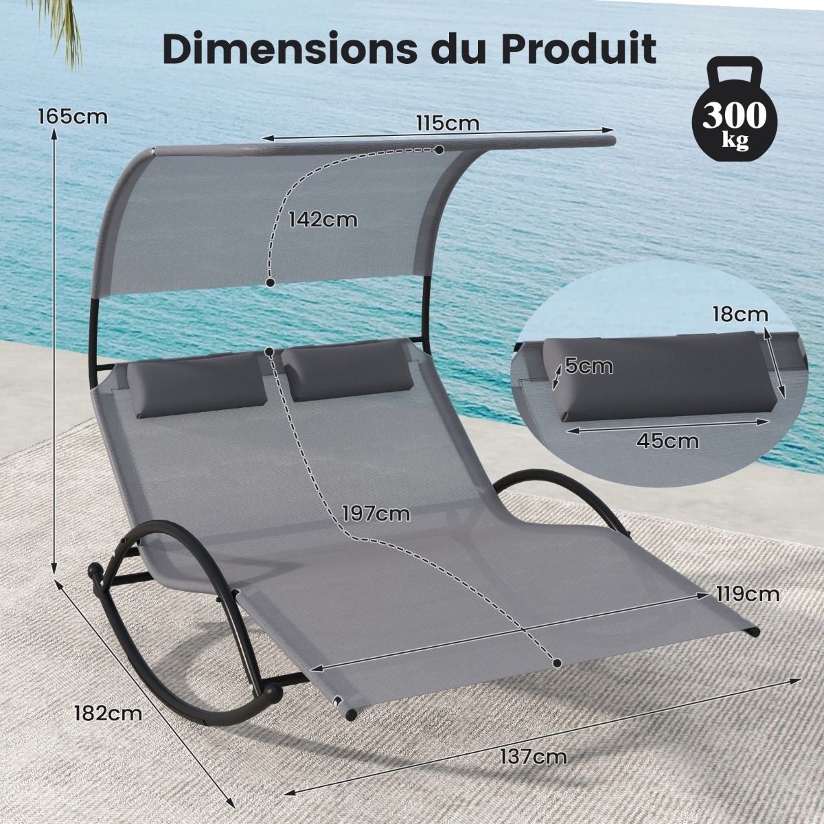 Double Lounger Rocking Chair for 2 People 2 Removable Headrests Sturdy Metal Frame Ergonomic 2-Seater Daybed Grey/Black/Beige -