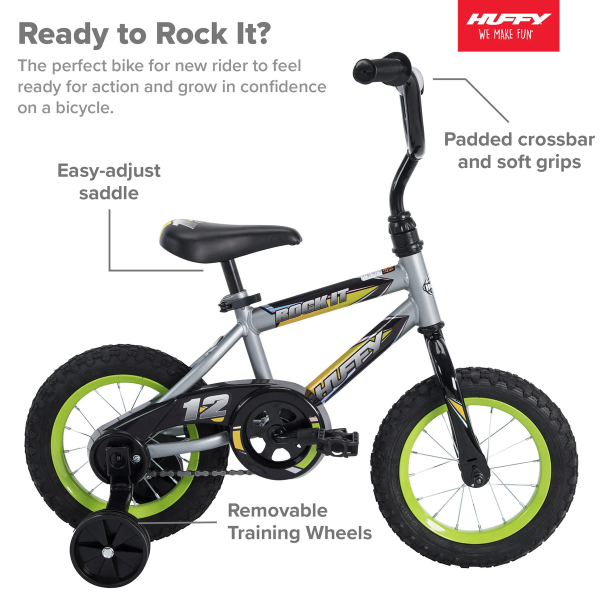 12 In. Rock It Boy Kids Bike, Grey Matte and Lime - Product image 3
