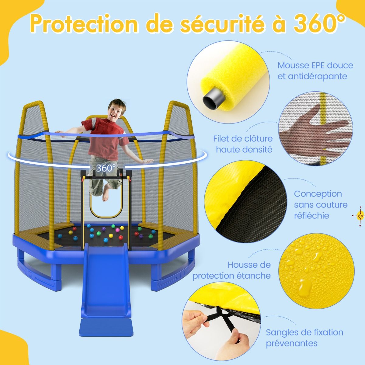 Outdoor Trampoline Ø 223cm with Slide & Ladder with Safety Net 2 U-shaped doors Load 270kg for 2-3 Children aged 3+ Blue/Green -
