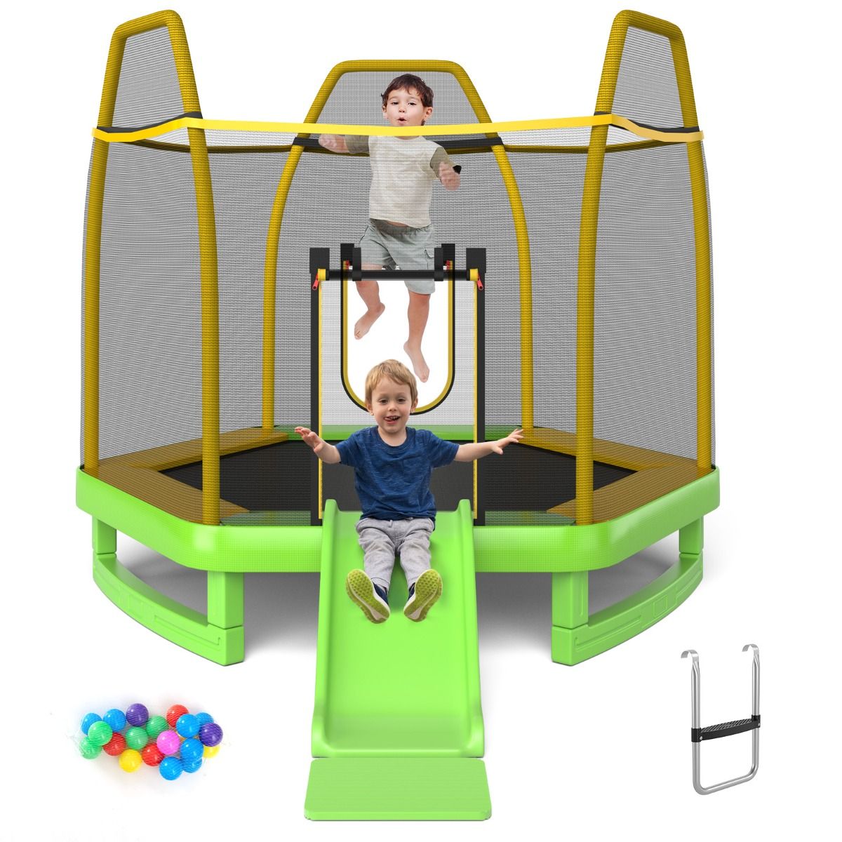 Outdoor Trampoline Ø 223cm with Slide & Ladder with Safety Net 2 U-shaped doors Load 270kg for 2-3 Children aged 3+ Blue/Green -
