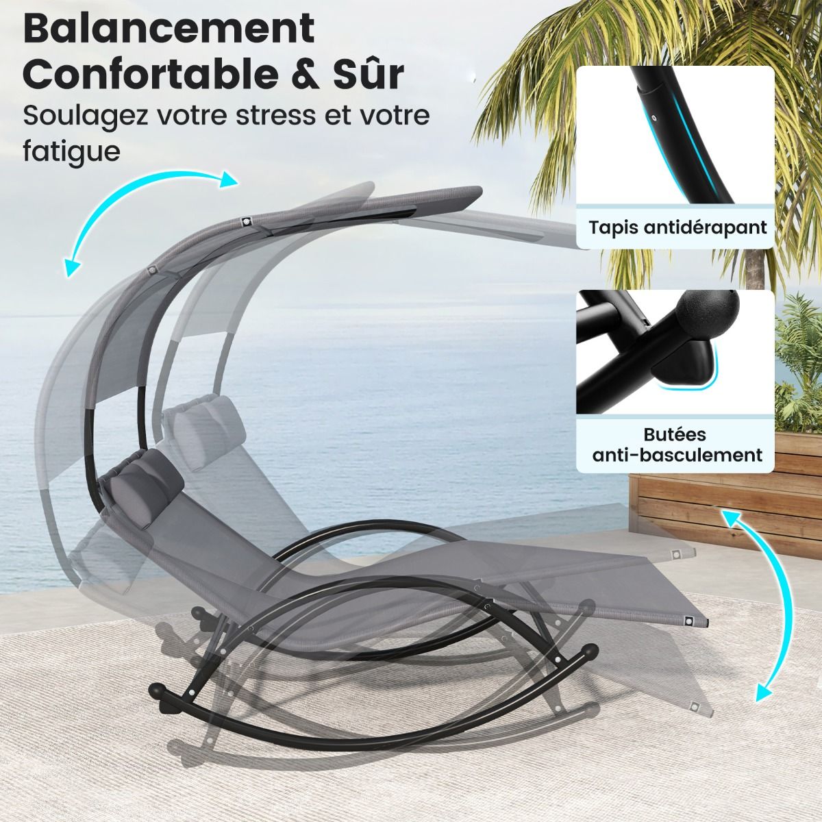 Double Lounger Rocking Chair for 2 People 2 Removable Headrests Sturdy Metal Frame Ergonomic 2-Seater Daybed Grey/Black/Beige -