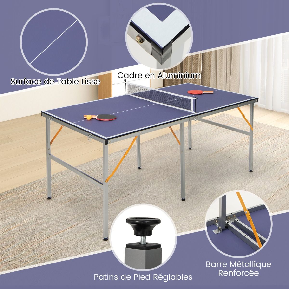 Space Saving Foldable Ping Pong Table with Table Tennis Net with 2 Rackets 3 Balls Adjustable Feet 180 x 90 x 76 cm -