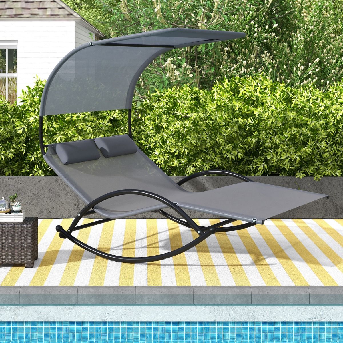 Double Lounger Rocking Chair for 2 People 2 Removable Headrests Sturdy Metal Frame Ergonomic 2-Seater Daybed Grey/Black/Beige -