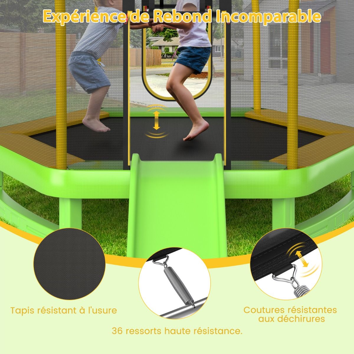 Outdoor Trampoline Ø 223cm with Slide & Ladder with Safety Net 2 U-shaped doors Load 270kg for 2-3 Children aged 3+ Blue/Green -