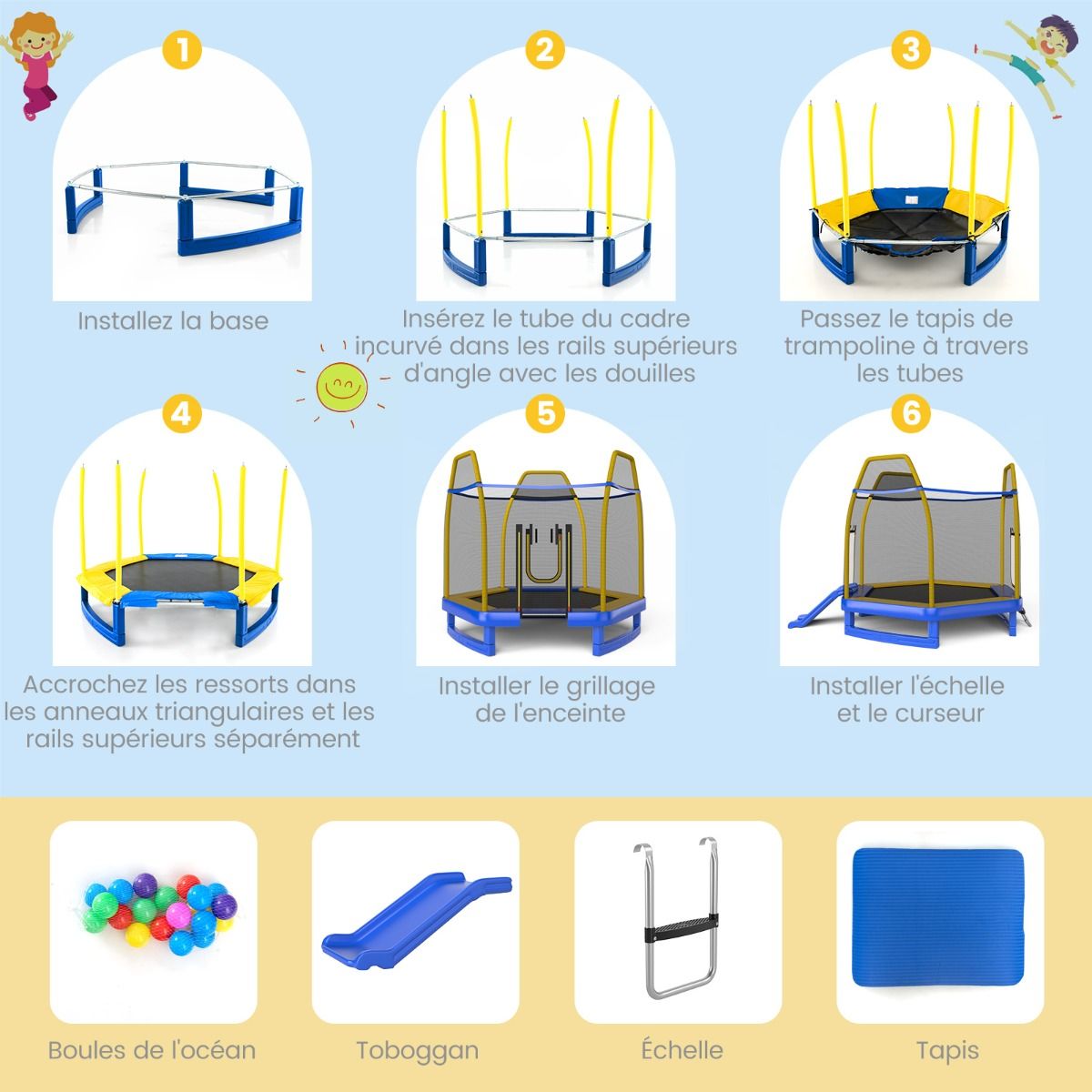 Outdoor Trampoline Ø 223cm with Slide & Ladder with Safety Net 2 U-shaped doors Load 270kg for 2-3 Children aged 3+ Blue/Green -