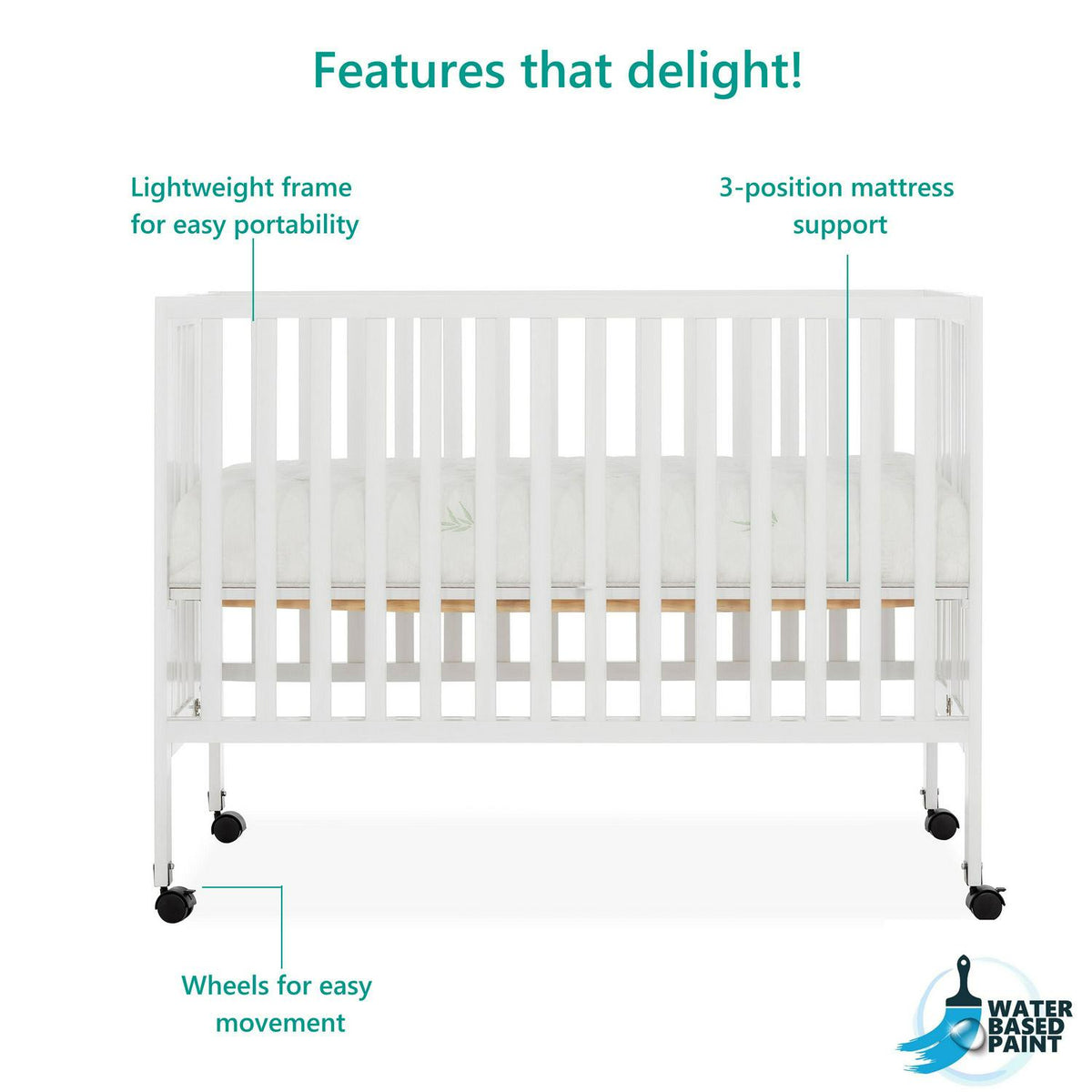 Dream on Me Quinn Full - Size Folding Crib. Removable Wheels. Modern Nursey. Adjustable Mattress Support - Product image 5