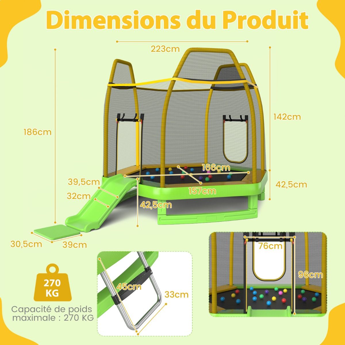 Outdoor Trampoline Ø 223cm with Slide & Ladder with Safety Net 2 U-shaped doors Load 270kg for 2-3 Children aged 3+ Blue/Green -
