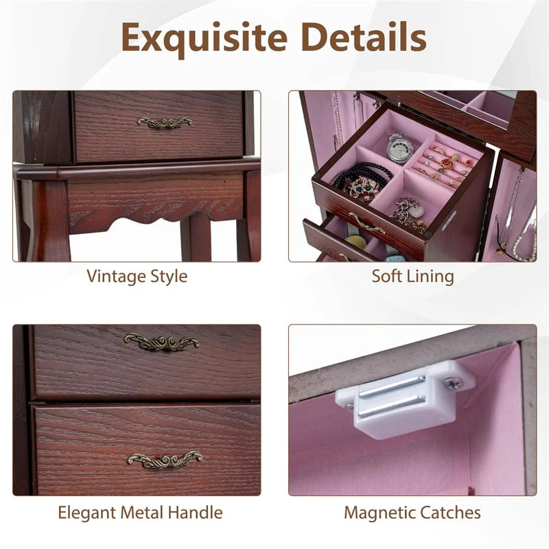 Standing Jewelry Armoire Cabinet with Flip Top Mirror, 4 Drawers, 2 Side Doors & Necklace Hooks - Product image 9