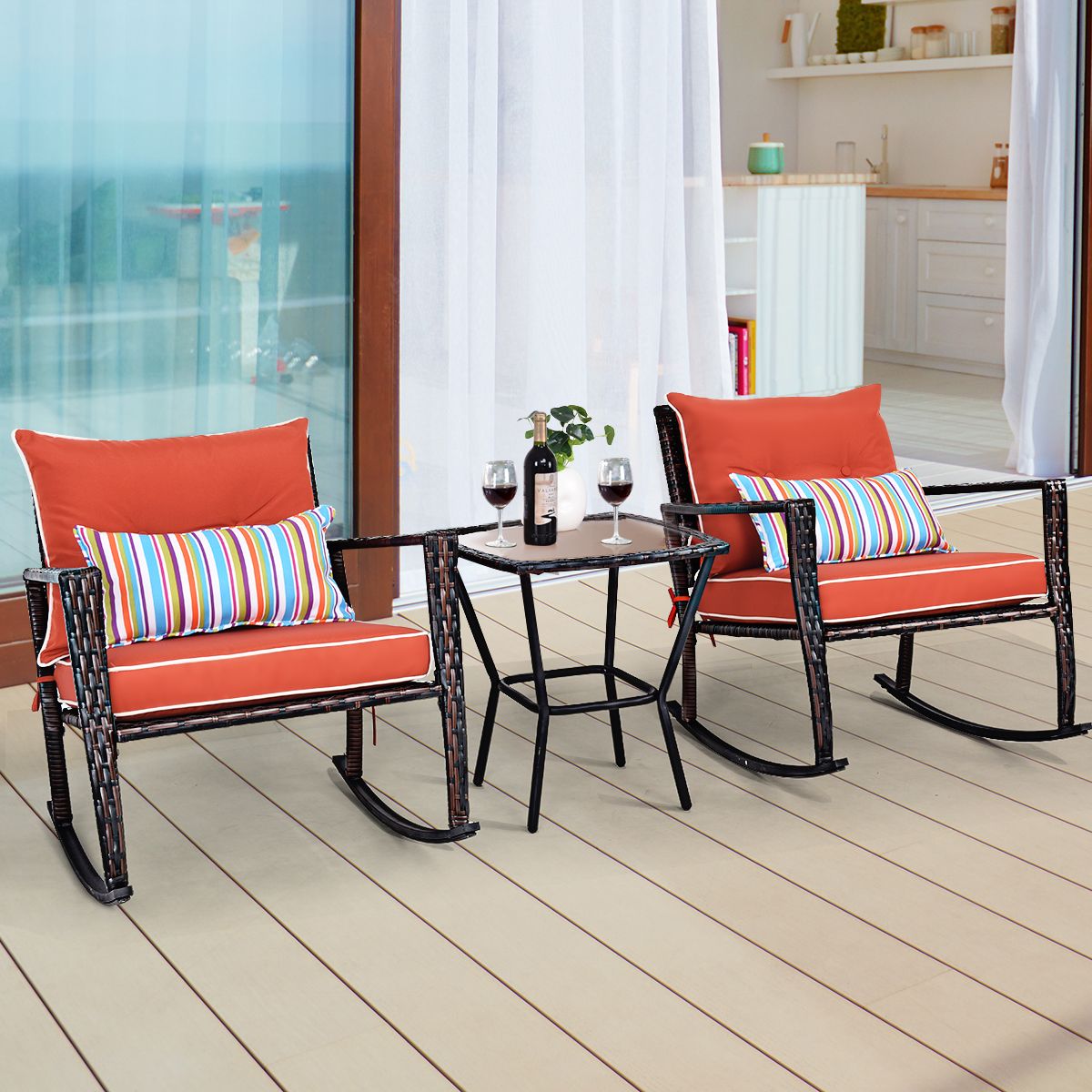 Garden Set with 2 Rocking Chairs and 1 Tempered Glass Coffee Table All Cushions Included in PE Rattan -