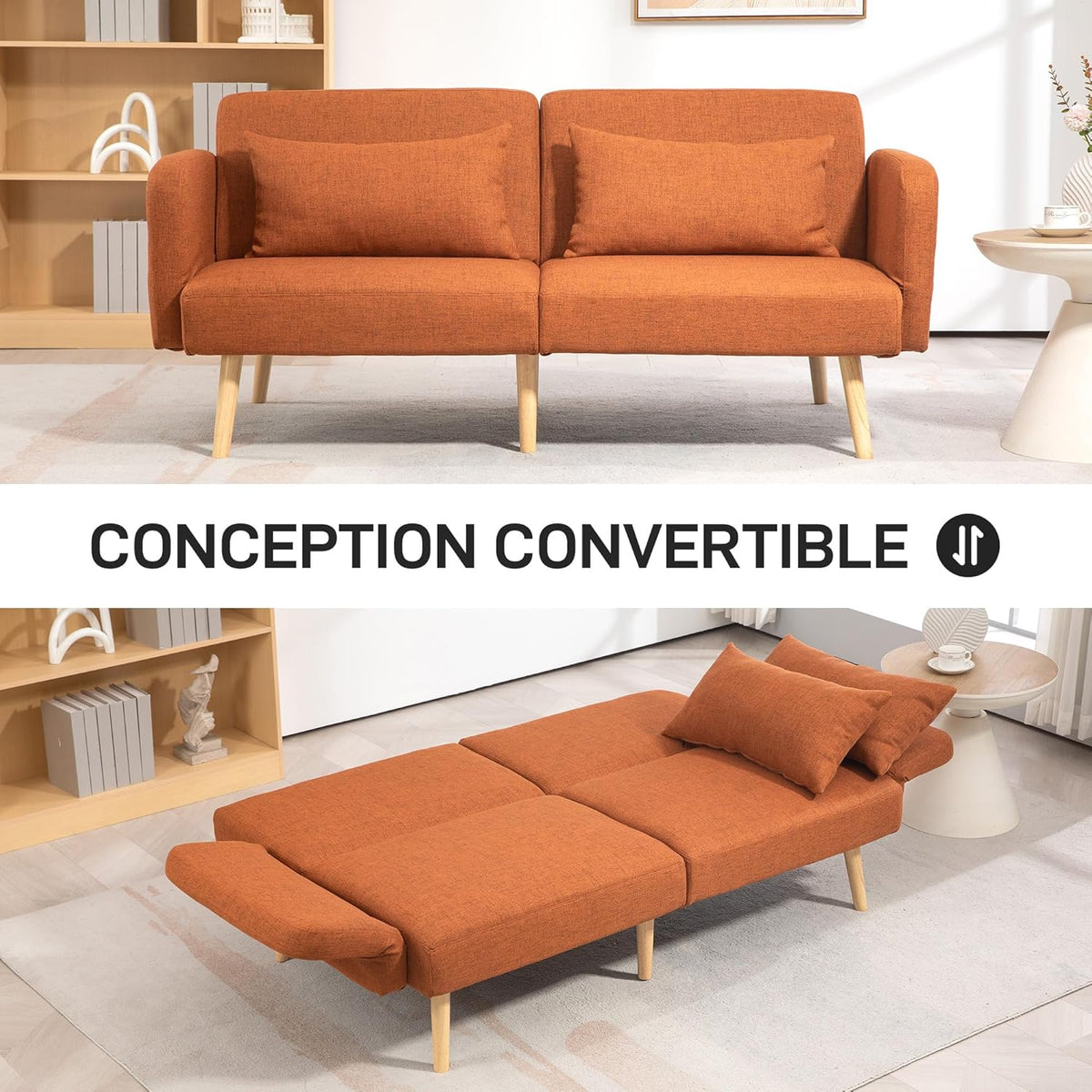 HOMCOM 3-seater convertible sofa, 2-seater sofa bed, reclining backrest and adjustable armrests, sofa bed in linen-effect fabric, solid wood legs, 2 washable cushions, Brown