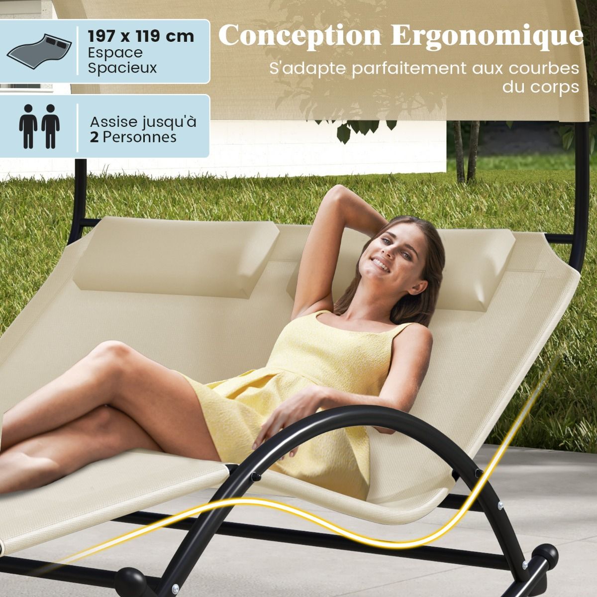 Double Lounger Rocking Chair for 2 People 2 Removable Headrests Sturdy Metal Frame Ergonomic 2-Seater Daybed Grey/Black/Beige -