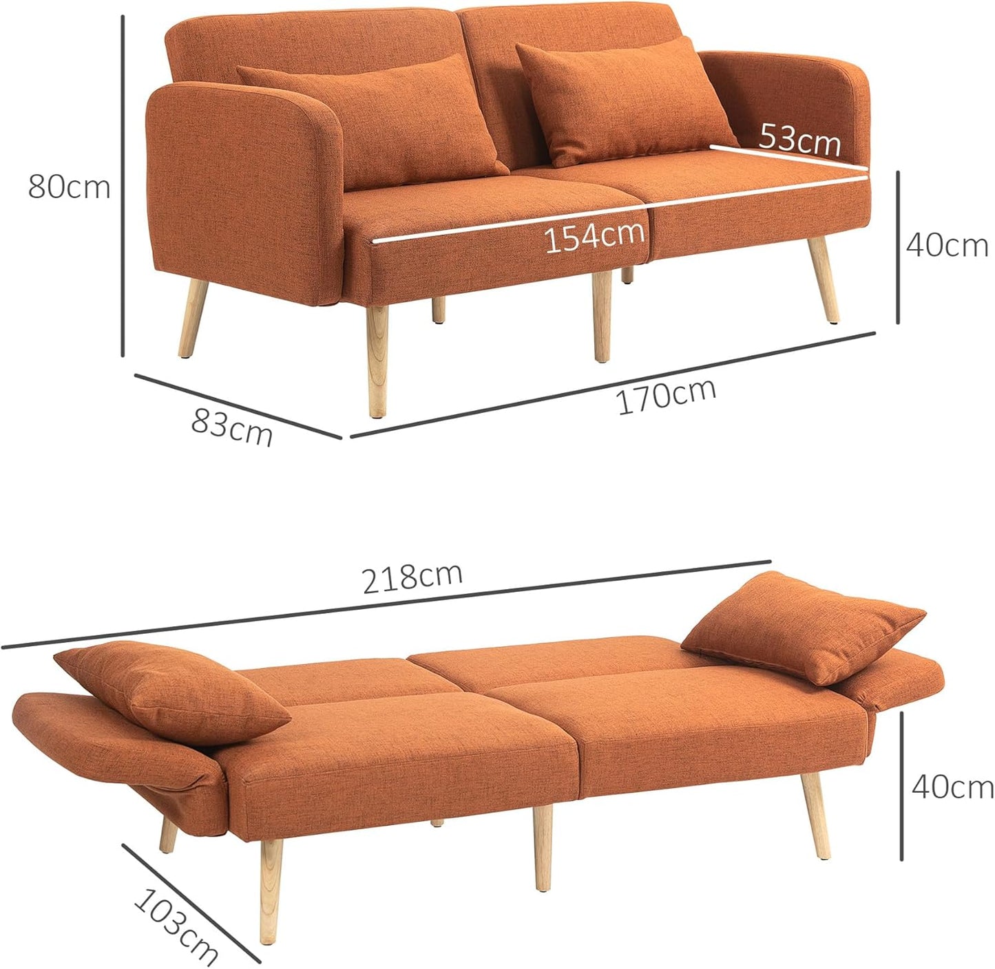 HOMCOM 3-seater convertible sofa, 2-seater sofa bed, reclining backrest and adjustable armrests, sofa bed in linen-effect fabric, solid wood legs, 2 washable cushions, Brown