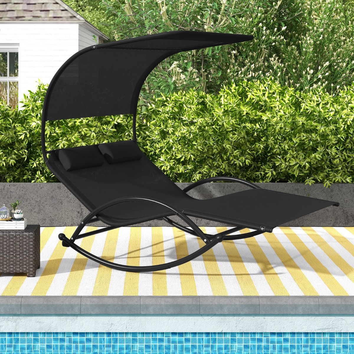 Double Lounger Rocking Chair for 2 People 2 Removable Headrests Sturdy Metal Frame Ergonomic 2-Seater Daybed Grey/Black/Beige -