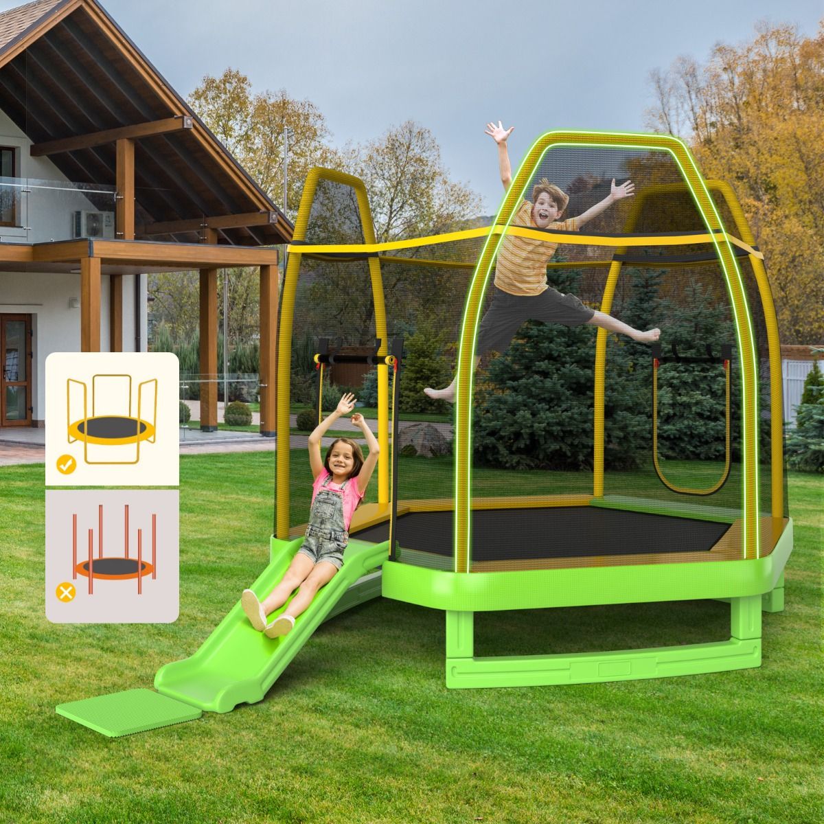Outdoor Trampoline Ø 223cm with Slide & Ladder with Safety Net 2 U-shaped doors Load 270kg for 2-3 Children aged 3+ Blue/Green -