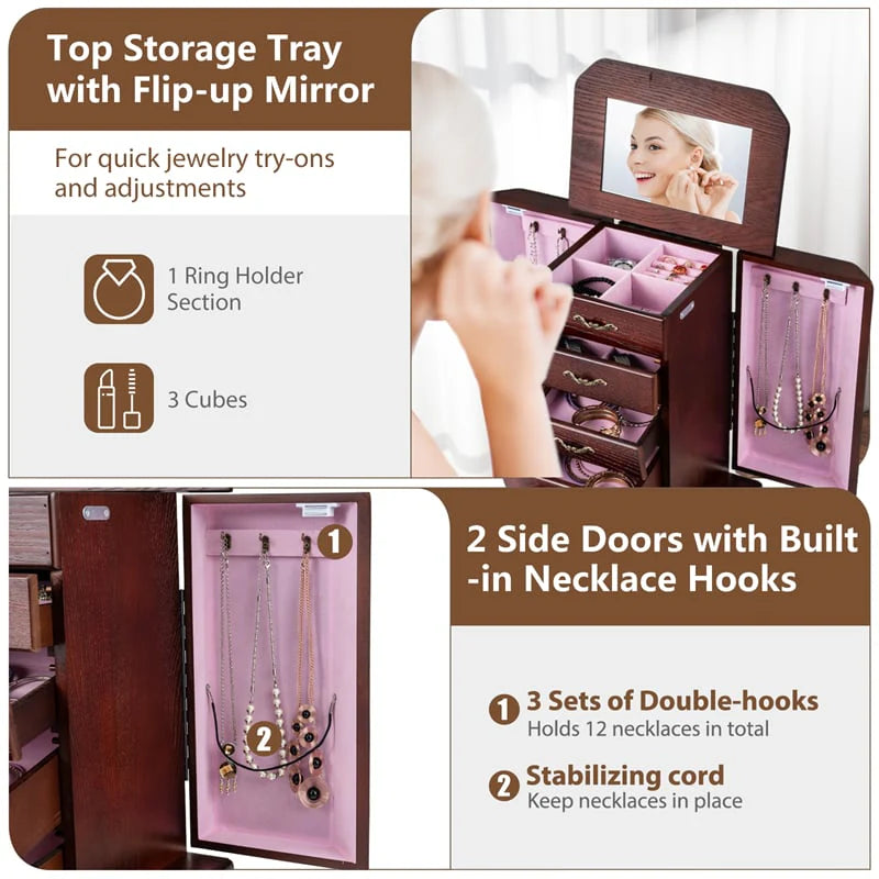Standing Jewelry Armoire Cabinet with Flip Top Mirror, 4 Drawers, 2 Side Doors & Necklace Hooks - Product image 8