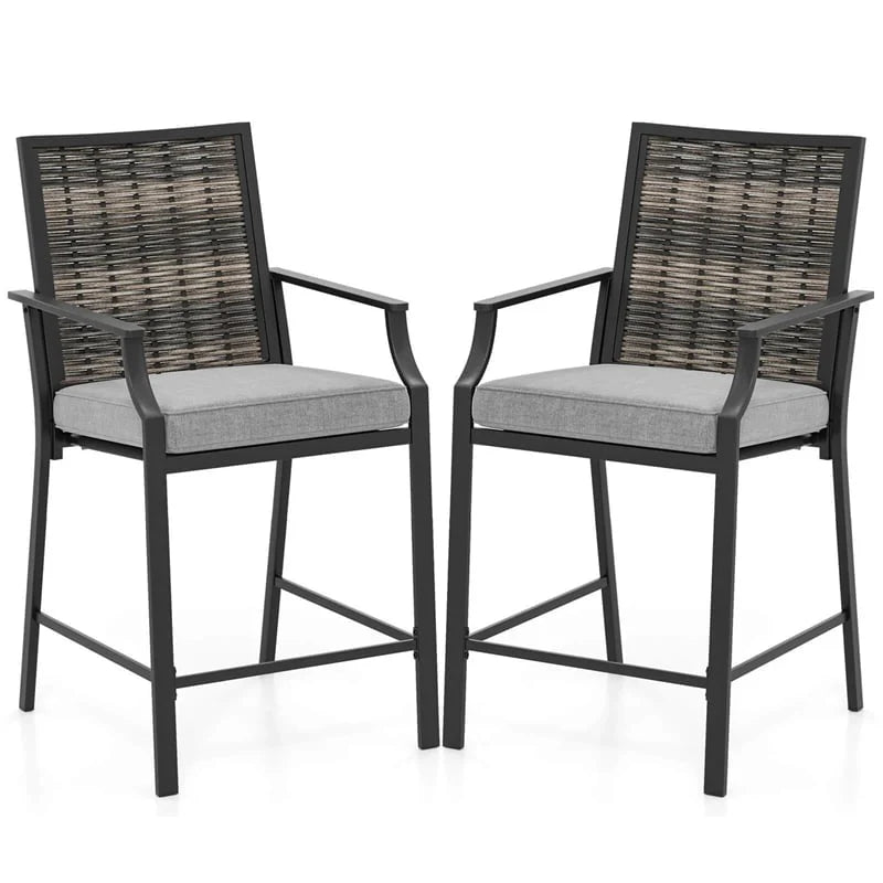 Outdoor Metal Bar Stools Set of 2 with Rattan Back, Armrest, Fabric Seat & Cushions - Product image 1