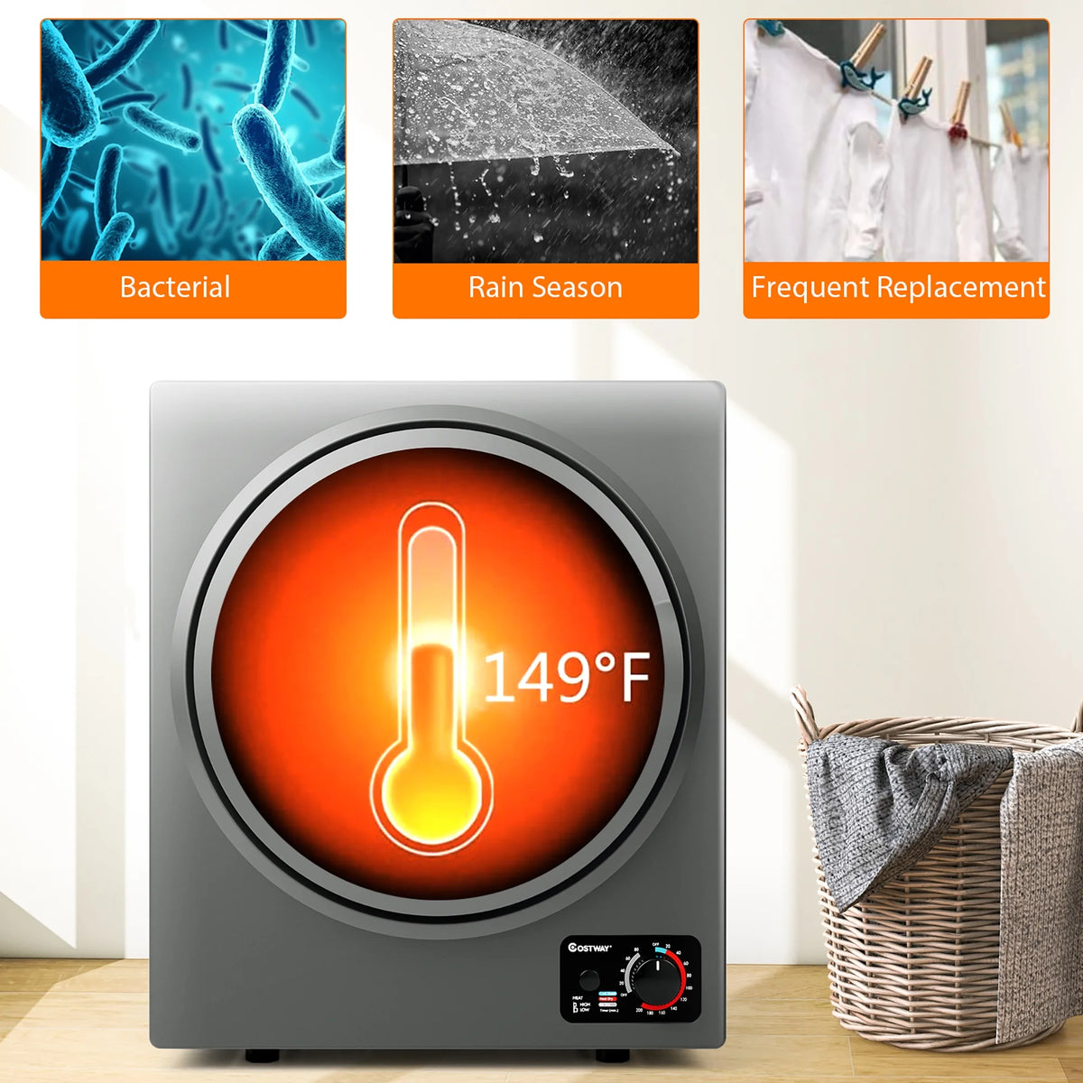Costway Electric Tumble Compact Laundry Dryer Stainless Steel Wall Mounted 1.5 Cu .ft - Product image 9