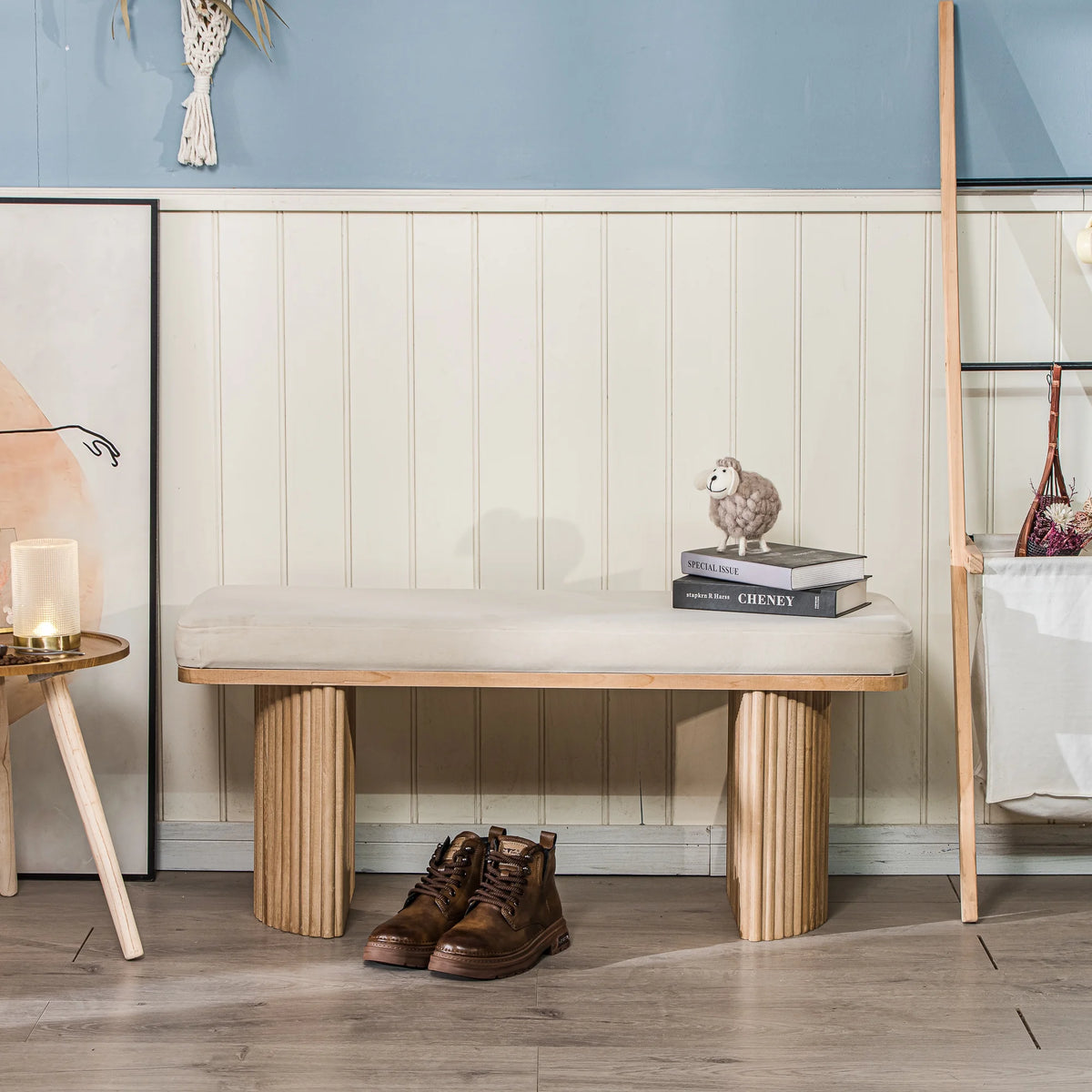 Solid Wood and Beige Velvet Bench Exotic Boho Entryway - Product image 6