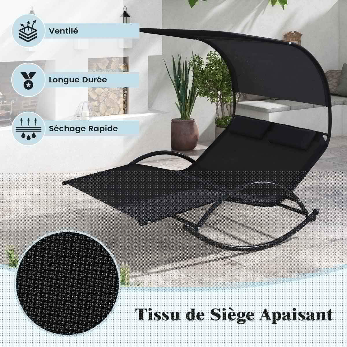 Double Lounger Rocking Chair for 2 People 2 Removable Headrests Sturdy Metal Frame Ergonomic 2-Seater Daybed Grey/Black/Beige -