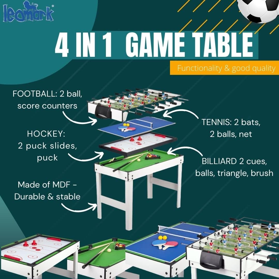 Leomark Table 4 Games in 1 - Billiards, foosball, Table Hockey and Ping-Pong Multifunction Playing Table Multigame table Dim: 120 x 61 x 82 (Height) cm