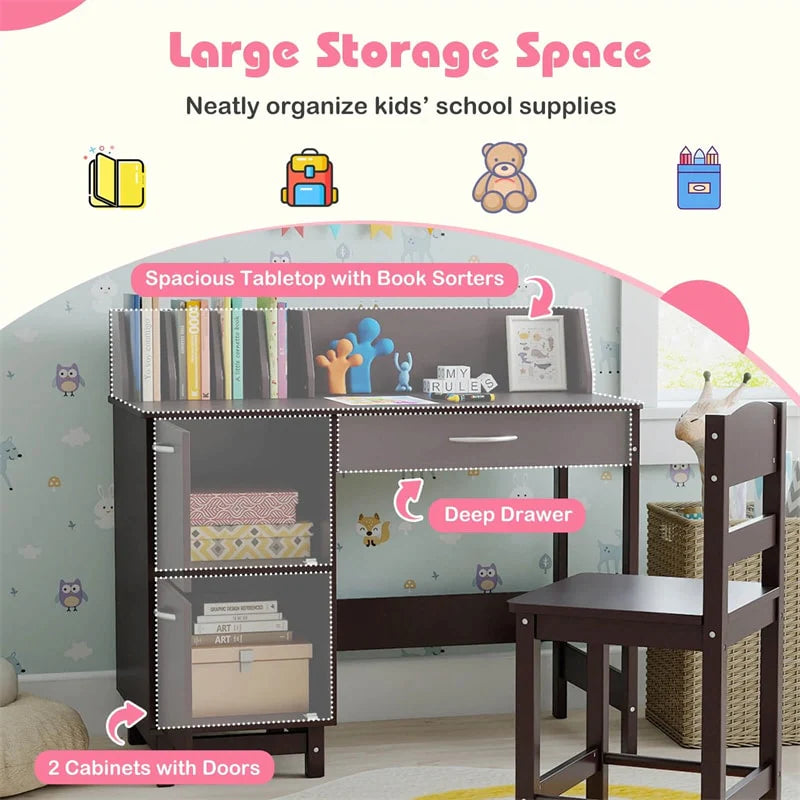 Wooden Kids Desk and Chair Set with Hutch, Storage Drawer & Cabinet - Product image 27