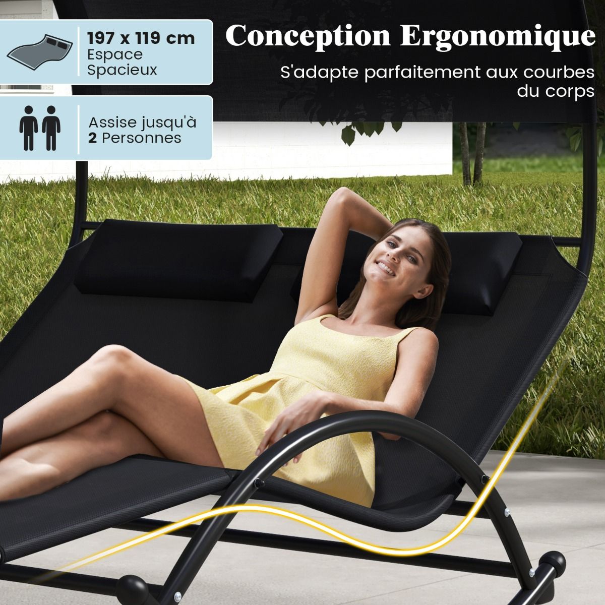 Double Lounger Rocking Chair for 2 People 2 Removable Headrests Sturdy Metal Frame Ergonomic 2-Seater Daybed Grey/Black/Beige -