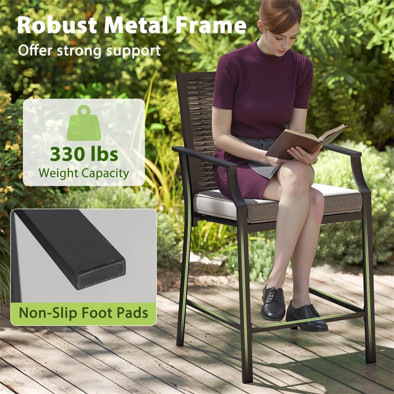 Outdoor Metal Bar Stools Set of 2 with Rattan Back, Armrest, Fabric Seat & Cushions - Product image 8