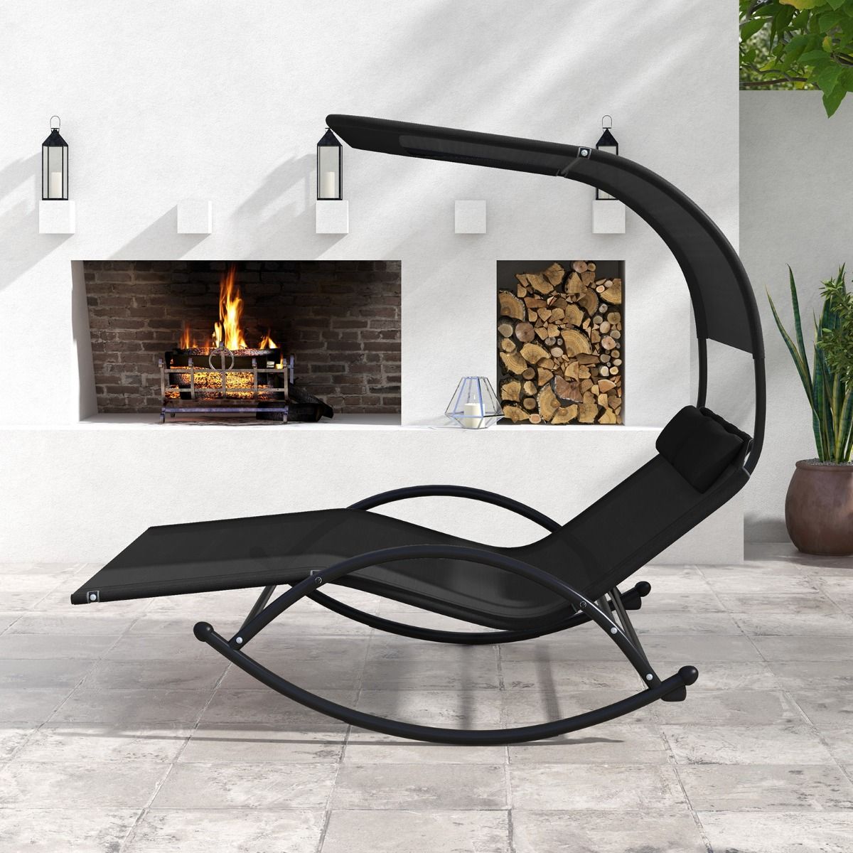 Double Lounger Rocking Chair for 2 People 2 Removable Headrests Sturdy Metal Frame Ergonomic 2-Seater Daybed Grey/Black/Beige -