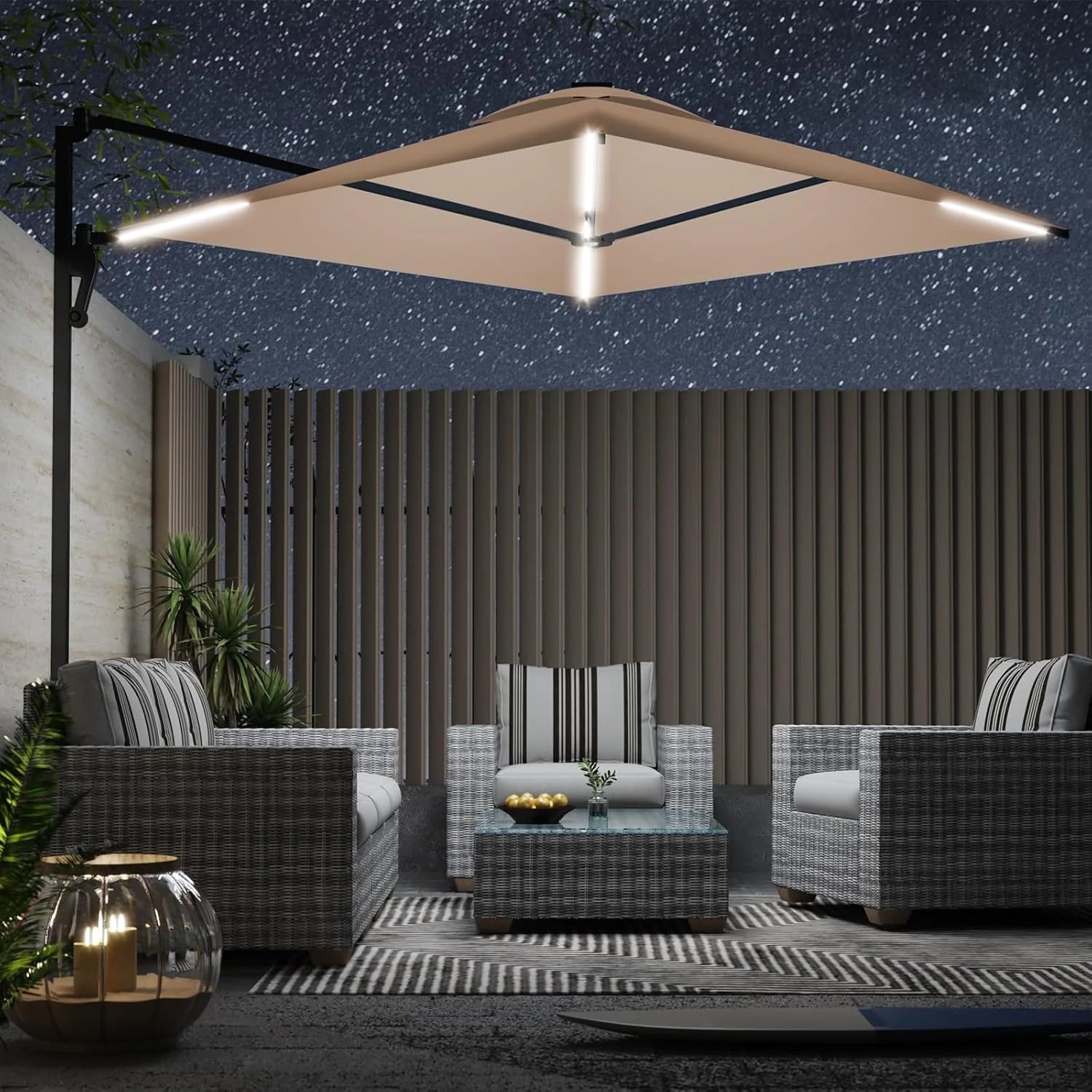 AECOJOY 10FT Large Patio Umbrella with Solar Lights, Rectangle Wall Mounted Outdoor Patio Umbrella, Beige - Product image 2