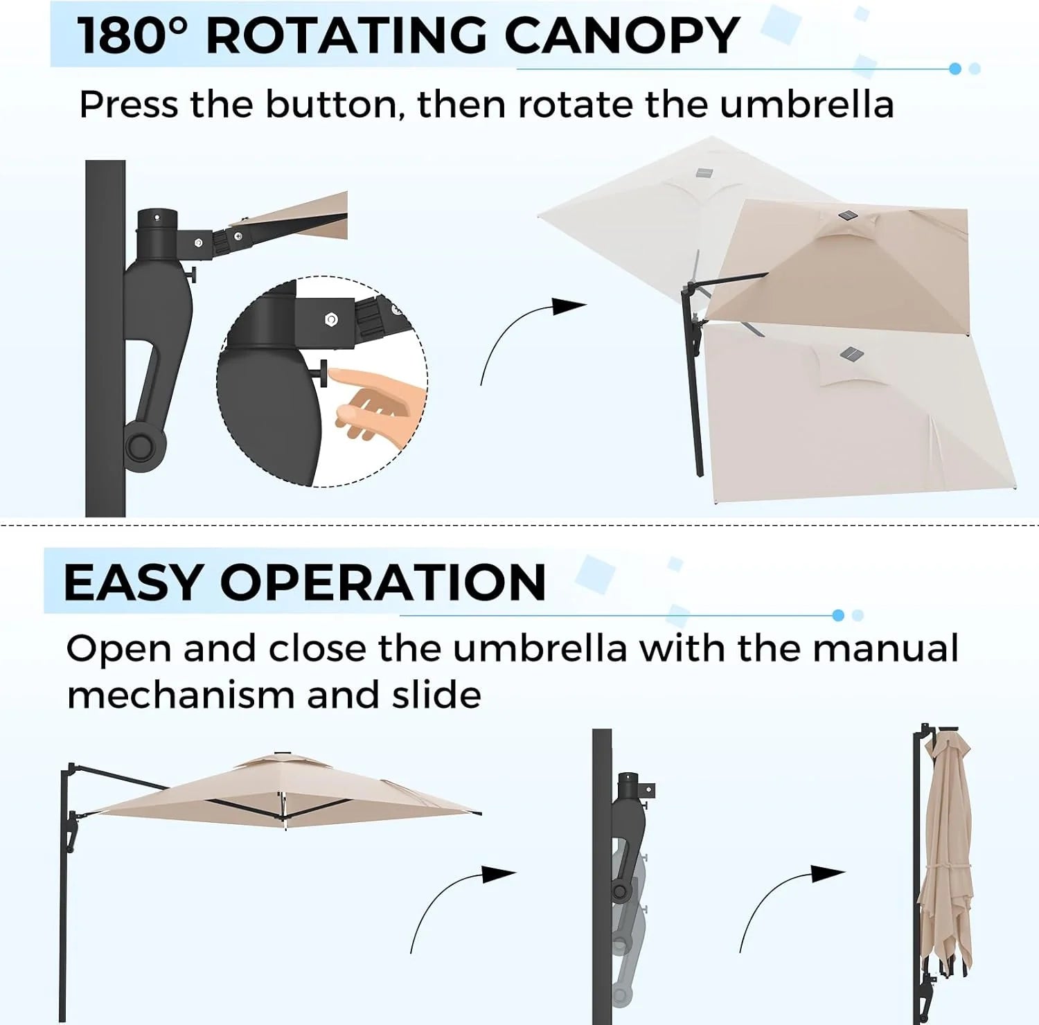 AECOJOY 10FT Large Patio Umbrella with Solar Lights, Rectangle Wall Mounted Outdoor Patio Umbrella, Beige - Product image 6