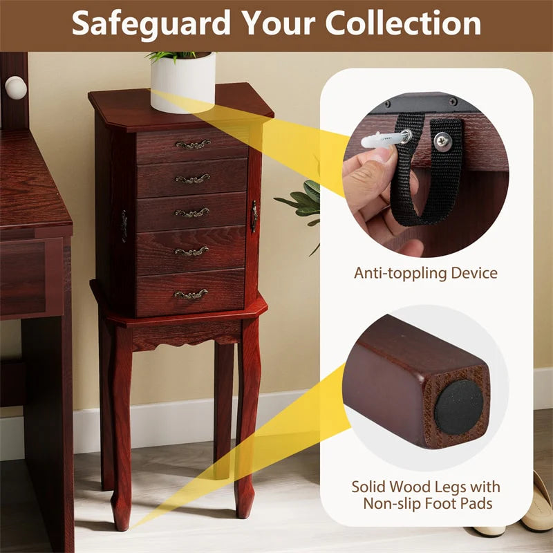 Standing Jewelry Armoire Cabinet with Flip Top Mirror, 4 Drawers, 2 Side Doors & Necklace Hooks - Product image 7