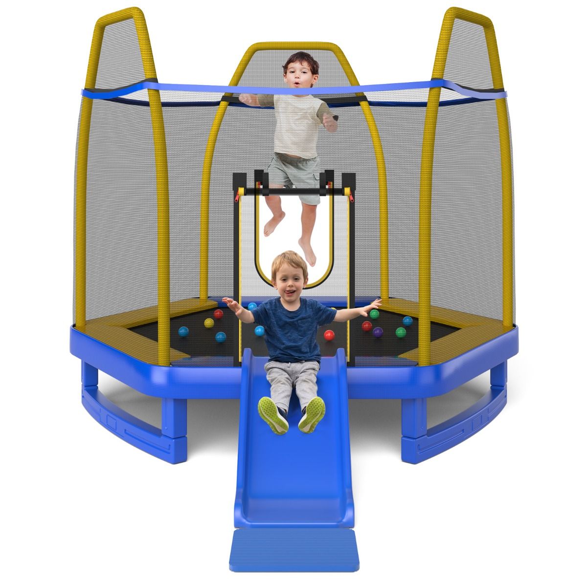 Outdoor Trampoline Ø 223cm with Slide & Ladder with Safety Net 2 U-shaped doors Load 270kg for 2-3 Children aged 3+ Blue/Green -