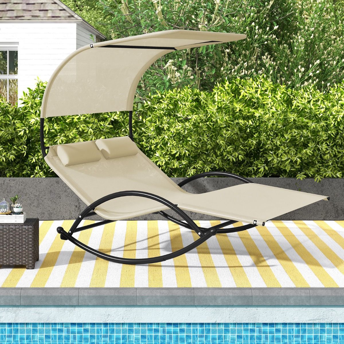 Double Lounger Rocking Chair for 2 People 2 Removable Headrests Sturdy Metal Frame Ergonomic 2-Seater Daybed Grey/Black/Beige -