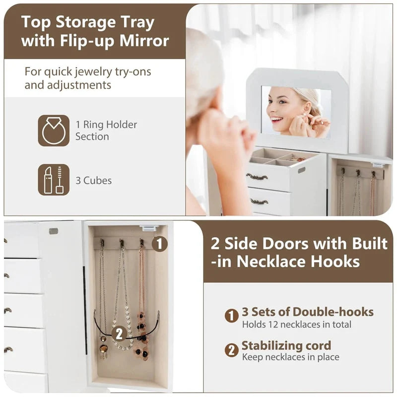 Standing Jewelry Armoire Cabinet with Flip Top Mirror, 4 Drawers, 2 Side Doors & Necklace Hooks - Product image 30