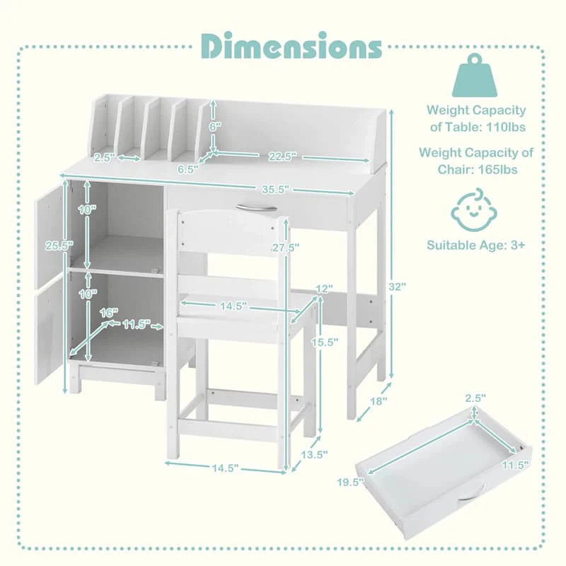 Wooden Kids Desk and Chair Set with Hutch, Storage Drawer & Cabinet - Product image 14
