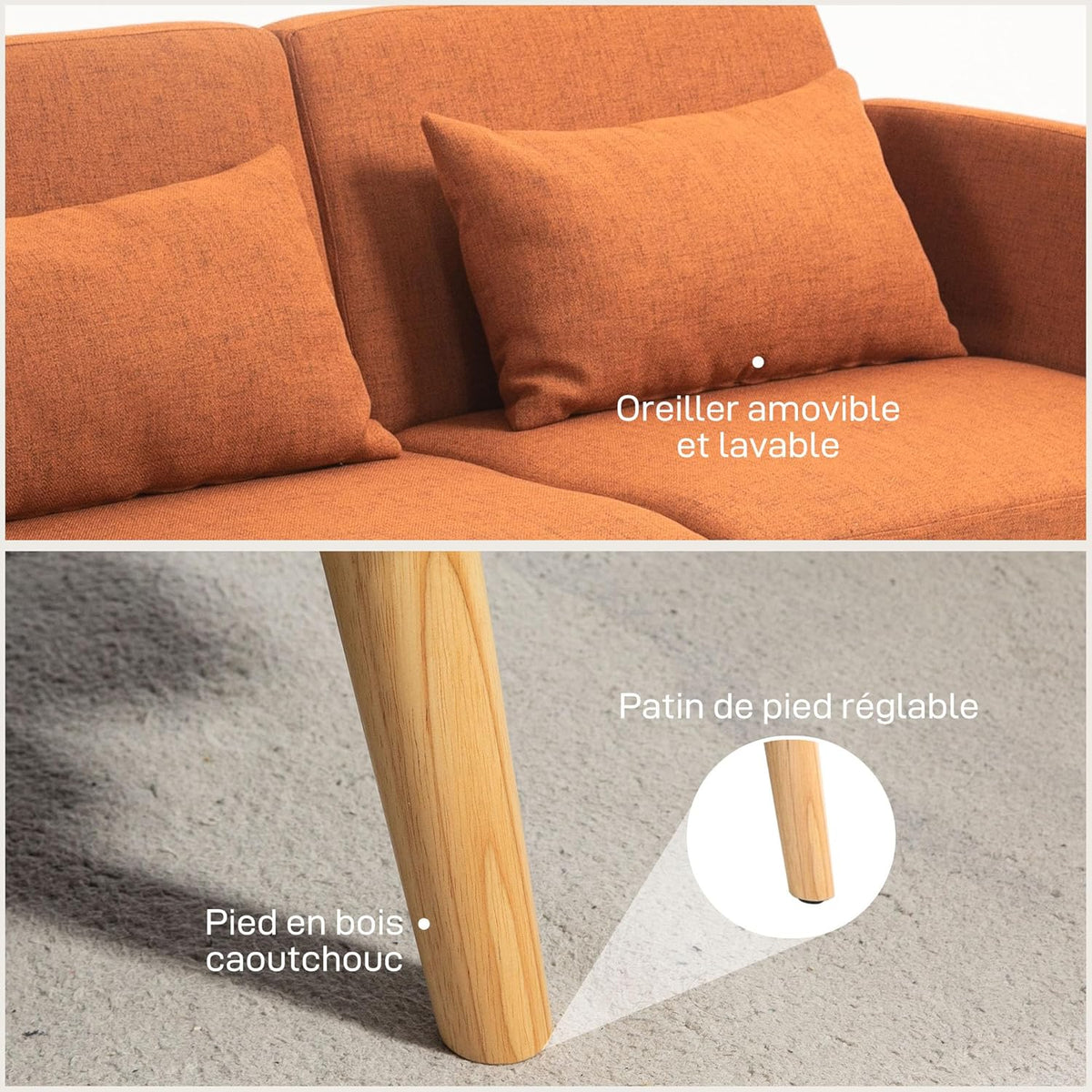 HOMCOM 3-seater convertible sofa, 2-seater sofa bed, reclining backrest and adjustable armrests, sofa bed in linen-effect fabric, solid wood legs, 2 washable cushions, Brown