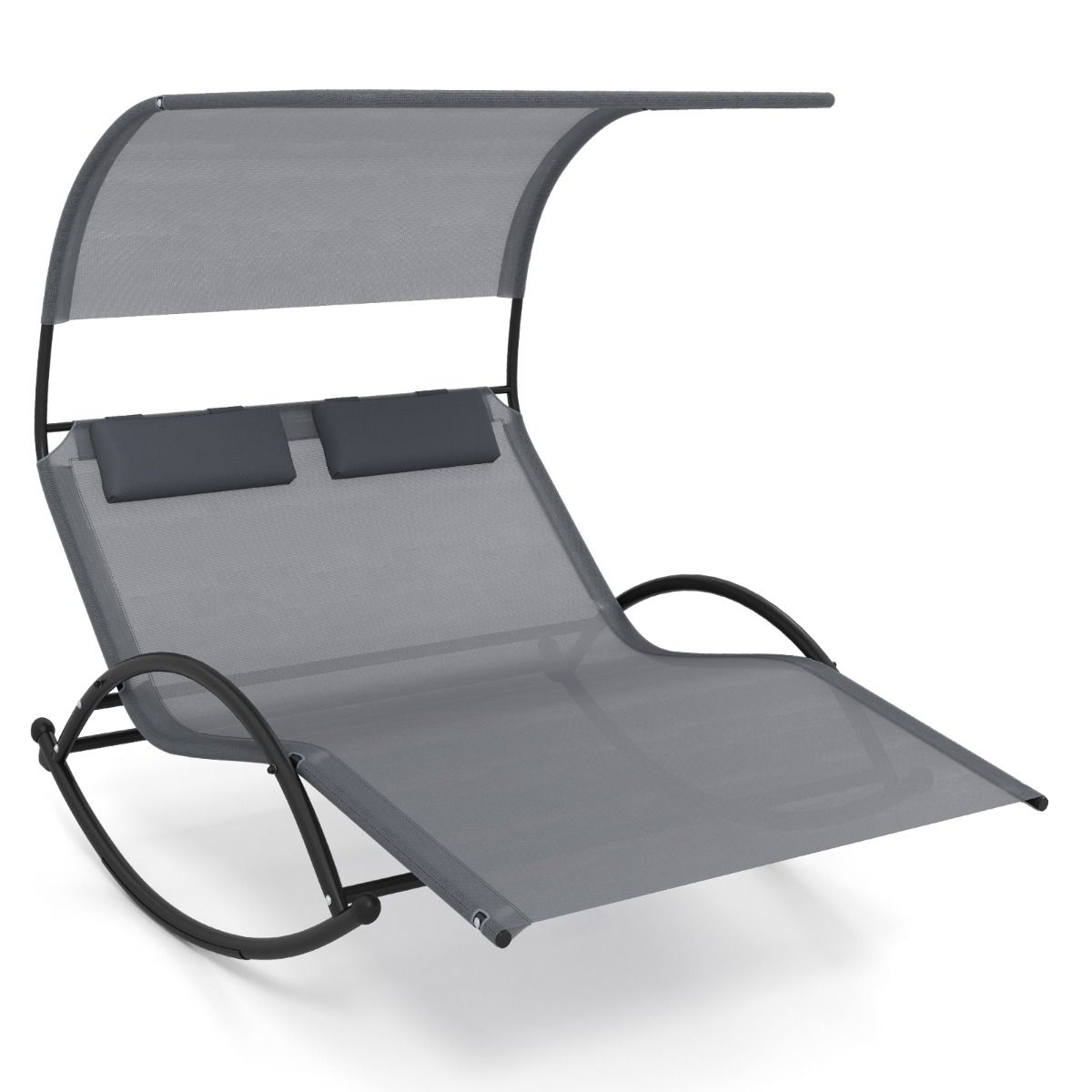 Double Lounger Rocking Chair for 2 People 2 Removable Headrests Sturdy Metal Frame Ergonomic 2-Seater Daybed Grey/Black/Beige -